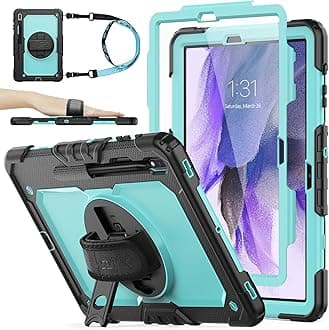 SEYMAC stock Case for Samsung Galaxy Tab S7 FE / S8 Plus 5G Case 12.4'' with Screen Protector Pencil Holder [360 Rotating Hand Strap] &Stand, Drop-Proof, SkyBlue/Black