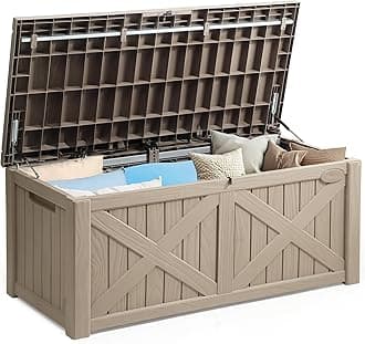 YITAHOME 120 Gallon Large Outdoor Storage Box with X-Shaped Front, Waterproof Resin Deck Box Cushion Storage Bench for Patio, Pool Supplies, Garden Tools- Lockable, Taupe