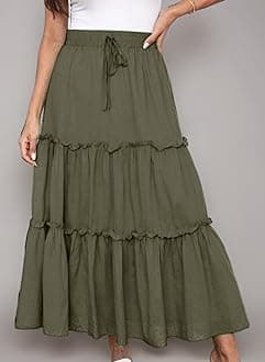 Midi Skirts for Women UK Elasticated Waist - Midi Skirts for Women UK A Line - Knee Length Skirt Tiered Maxi Skirt Cotton Ladies SummerSkirts Long Summer Solid Colorskirt Vacation Outfits