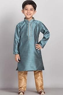 JBN Creation Boys' Full Sleeve Silk Blend Kurta Pyjama Set with Mandarin Collar, Featuring Ethnic Motifs, Self-Design, and Embellishments - Perfect for Festivals and Special Occasions