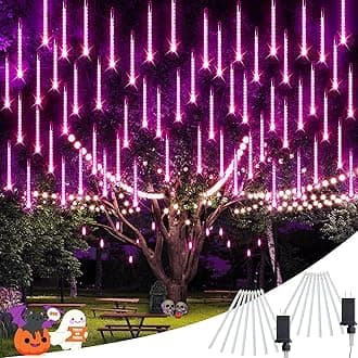 JMEXSUSSJMEXSUSS 2 Pack Purple Halloween Meteor Shower Lights, 8 Tube 192 LED Outdoor Waterproof Plug-in Icicle Lights for Outside Tree Holiday Party Patio Decoration