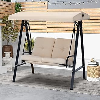 Outdoor Patio Swing Chair for Adults, 2-Seat Porch Swings with Adjustable Canopy, Outside Swing Bench with Removable Cushion, Suitable for Backyard, Garden, Yard, Poolside, Balcony (Beige)