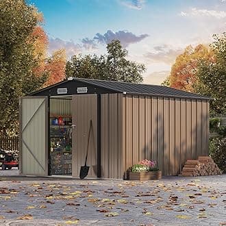 8x10 FT Outdoor Storage Shed, Large Garden Tool Metal Shed with Sloping Roof and Double Lockable Door, Outdoor Shed for Backyard Garden Patio Lawn, Brown