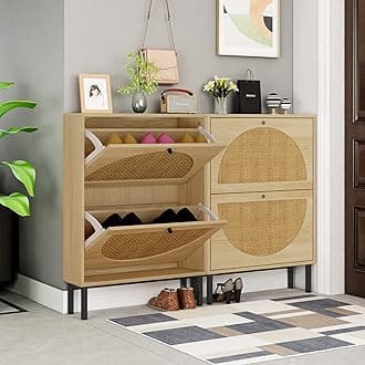 Yoluckea Rattan Shoe Cabinet, Shoe Cabinet Rack with Natural Rattan Weave Doors Design and 2 Flip Down Drawers, Narrow Shoe Cabinet with Metal Legs, Freestanding Wood Shoe Organizer (Light Brown)
