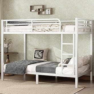 Twin XL Over Twin XL Bunk Bed,Heavy Duty Metal Bunk Bed Frame for Adults,2 Side Ladder,Guardrail,Space-Saving,Noise Reduced,No Box Spring Needed,Black (White, Twin XL Over Twin XL)