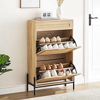 coucheta Natural Rattan 2 Flip Down with 1 Drawer Free-Standing Shoe Rack, Shoe Cabinet Wood Organizer Freestanding with 3-Tier Adjustable Shelves for Entryway Hallway Doorway (Oak Color)