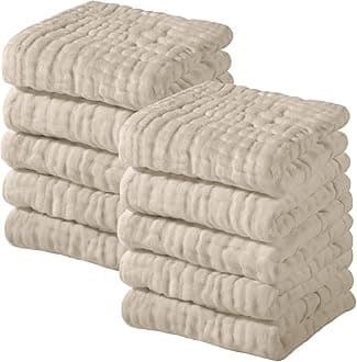 Yoofoss Muslin Baby Washcloths 100% Cotton Face Towels 10 Pack Wash Cloths for Baby 12x12in Soft and Absorbent Baby Wipes (Apricot)