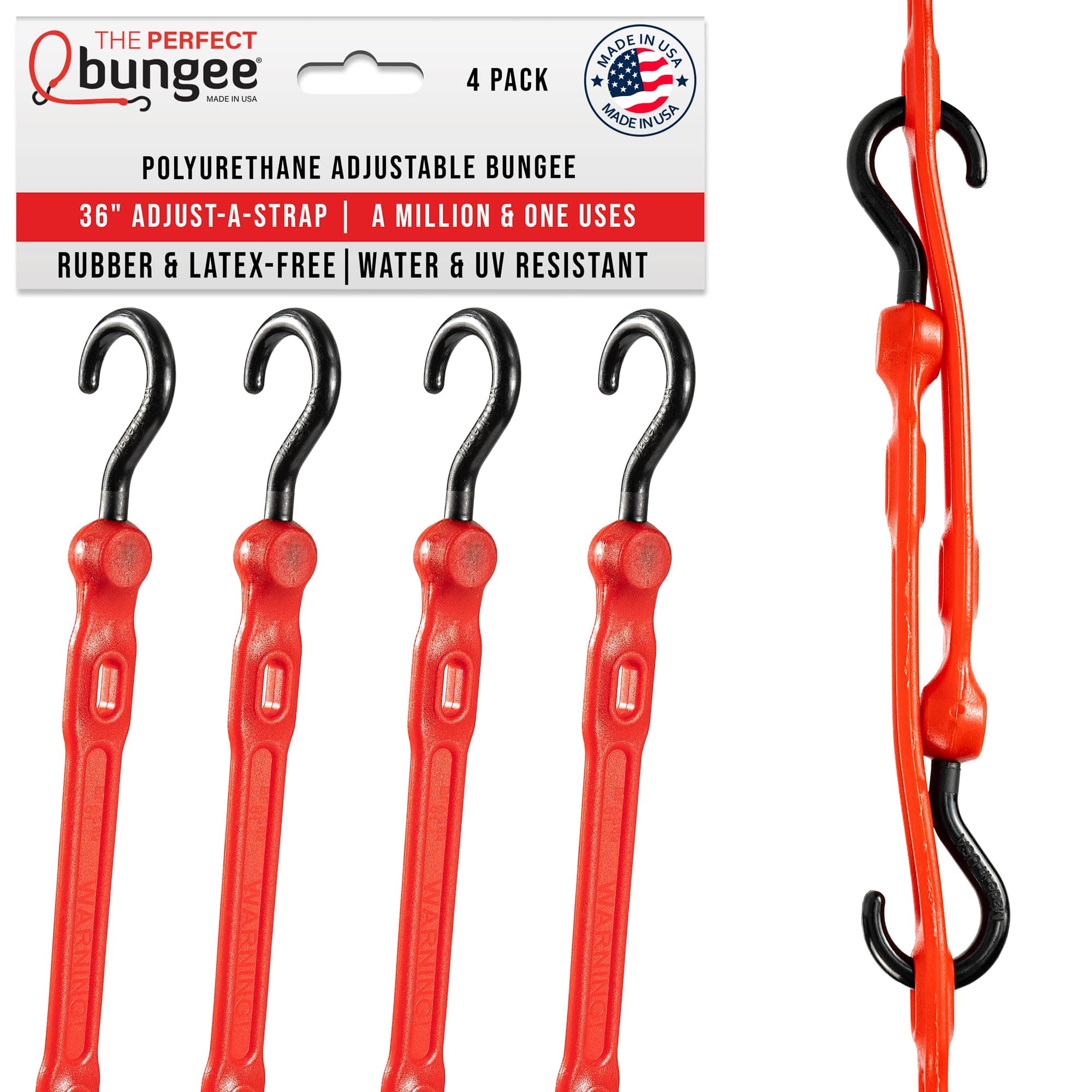 - The Perfect Bungee 36" Adjust-A-Strap, Adjustable Heavy Duty Polyurethane Bungee Strap, Heavy Duty Nylon Hooks, Made in the USA, 4 Pack, Red