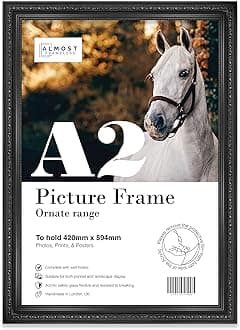 Almost Frameless A2 Black Ornate Picture Frame Fits A2 (42 x 59.4cm - 16.5 x 23.4in) Poster, Photo, Artwork, or Print. Shabby Chic Style Portrait and Landscape Display with Wall Hooks