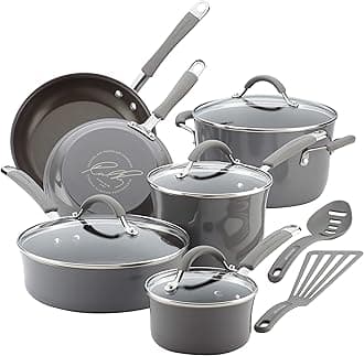 Rachael Ray Cucina Hard Porcelain Enamel Nonstick Cookware Set, 12-Piece, Sea Salt Gray, Aluminum, S