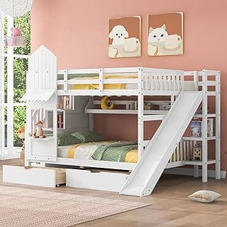 SOFTSEA Wood Bunk Bed Full Over Full with Slide and Drawers Castle Bunk Bed Frame with Staircase and Storage, White