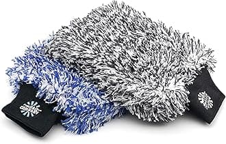 The Rag Company - The Cyclone Ultra Wash Mitts - 70/30 'Gauntlet' Blend Korean Microfiber, Foam Padding, Scratch-Free, Lint-Free, Great for Rinseless Washing, 8in x 9in, Blue + Black (2-Pack)