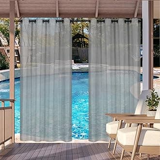 Outdoor Curtain for Patio, Grey Linen Look Semi-Sheer Curtains Waterproof Light Filtering Voile Outside Grommet Drapes for Pergola Balcony Pool Indoor 2 Panels, W100 x L96