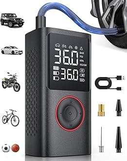 Powools Tire Inflator Portable Air Compressor, 150 PSI Cordless Bike Pump, Air Pump for Auto, Motorcycle, Bicycle, Balls with Pressure Gauge, LED Light & Car Accessories, Black, Standard Capacity