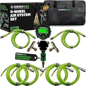 Rhino USA 4 Tire Inflation/Deflation System - Fits up to 155" Wheelbase - Ultra Fast 4 Way Tire Inflator Hose Kit for Truck, Car, Trailers & Motorcycles - Inflate or Deflate Simultaneously in Minutes