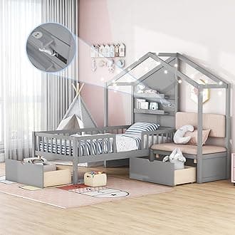 Merax Twin Size House Bed with Upholstered Sofa, House Bed with Charging Station, Sparkling Light Strip, Wireless Charging, Shelves and Two Drawers, Gray