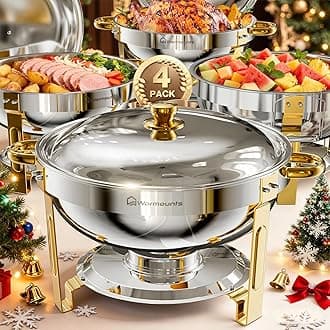 WARMOUNTS Gold Chafing Dishes for Buffet, 5QT 4 Pack Round Chafing Dish Buffet Set w/Lid Holder, Thickened Stainless Steel Chafers and Buffet Warmers Sets for Weddings, Events, Banquet