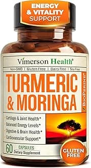 Turmeric Curcumin & Moringa Oleifera Leaf - 95% Curcuminoids & Black Pepper BioPerine - Dietary Supplement for Joint Support, Digestion & Energy. Free of Gluten, GMO, Dairy and Soy. 60 Vegan Capsules