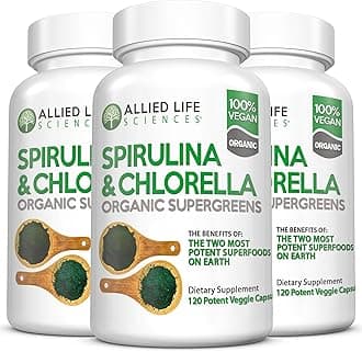Allied Life Spirulina and Chlorella | Organic Chlorophyll Vegan Protein Powder Green Superfood Capsules | Natural Immune Support (3 Bottle Pack)