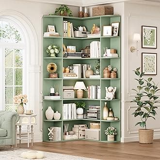 FOTOSOK 74” Tall Corner Bookshelf, 6-Tier Bookshelf and Bookcase with Open Storage, Tall Bookcases Wooden Storage Shelves for Home Office, Thickened Boards for Better Load Bearing, Green