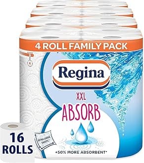 Regina XXL Absorb Kitchen Towels – 16 Rolls Per Pack, Super Absorbent 2-ply sheets, 75 Extra-large Sheets Per Roll, 50% More Absorbent Than Previous XXL Products, Easy Open Pack, 60% PCR Plastic