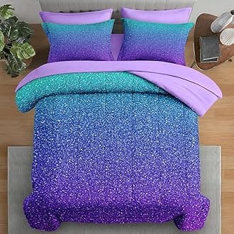 Comforter Set Full Size, Colorful Girls Ombre Purple Glitter 7 Pcs Bedding for Kids and Adults, Neon Blue Teal Bed Sheet Sets with Fitted Sheet 2 Pillowcases & 2 Shams for Bedroom Bed Decor