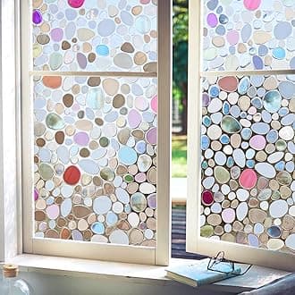Viseeko Stained Glass Window Privacy Film：3D Pebble Decorative Rainbow Film Easy Install Colored Window Cling Non-Adhesive UV Protection 23.6x157inch