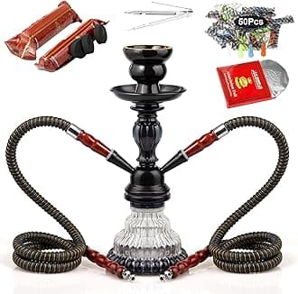 2 Hose Hookah Set, 11” Glass Hookah Shisha with Stable Glass Vase Base with Coals, Tips and Foil Covers, Ready Gift