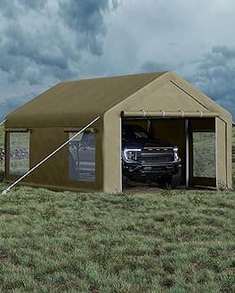 GarveeLife 13x20 ft Carport with 8 Sandbags, Car Port with 220 g PE Tarp, 2 Roll-Up Doors, and 4 Windows, for Full-Size Pickups, Bass Boats, Tractors, and SUVs, Khaki