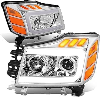 HL-HPL-NARN04-CH-AM Chrome Housing Headlights 3D LED Light Bar Amber Turn Signal Compatible with 04-15 Nissan Titan 05-07 Armada