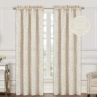 Loom and Mill Elegant Damask Curtains for Bedroom, Textured Lined Jacquard Curtains 2 Panels with Tiebacks, Beige Gold Floral Window Curtain for Living Room Banquet, Rod Pocket(52”x84”, 2 Panels)
