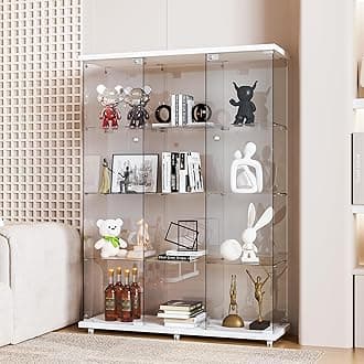 FANYUSHOW Glass Display Cabinet with 12 Shelves, 3 Columns and Lock, Extra Large DIY Curio Cabinets Quick-Install Style 5mm Tempered Glass Bookshelf for Living Room, Bedroom, White