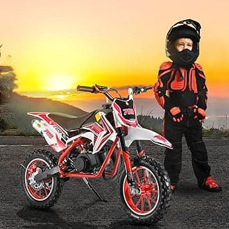 Clenp 49cc 2-Stroke Kids Petrol Dirt Bike, Gas Power Motocross, Off Road Mini Motorcycle, Petrol Motorbike with Front Rear Disc Brakes, Racing Max Speed 30KM/H Red