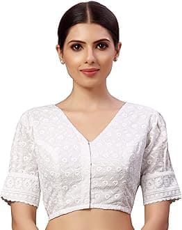 Studio Shringaar Women's Readymade Cotton Chikankari Saree Blouse with Puff Sleeves