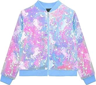 OlyPegic Girls Sequin Jacket Sparkly Glitter Bomber Kids Outwear with Pockets Zipper Coat Long Sleeve Jackets 4-12T