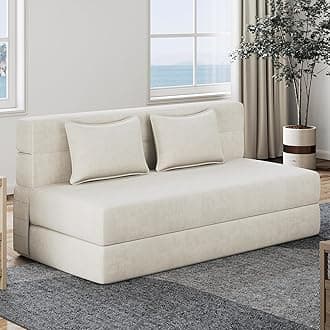 Luoxiao Folding Sofa Bed, Foldable Full Lazy Floor Couch for Adults with Pillows, Portable Convertible Futon Sleeper Chair for Small Space/Guest Room, Washable Cover, High-Density Foam, Beige