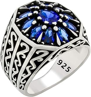 Solid 925 Sterling Silver Luxury Turkish Handmade with Simulated Blue Sapphire Stone Men's Ring
