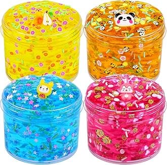 4 Pack Clear Slime Kit, Crystal Slime for Girls Boys, with Yellow, Blue, Pink and Brown Clear Slime, Super Soft & Non-Sticky, for Kids Party Favors, School Education and Birthday Gift
