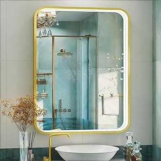 28x36 Inch Gold LED Bathroom Mirror with Lights, Wall Mounted Framed Lighted Bathroom Vanity Mirror, Stepless Dimmable, Memory Funtion, Anti-Fog, Horizontal/Vertical