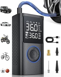 Powools Tire Inflator Portable Air Compressor, 150 PSI Cordless Bike Pump, Air Pump for Auto, Motorcycle, Bicycle, Balls with Pressure Gauge, LED Light & Car Accessories, Blue, Standard Capacity