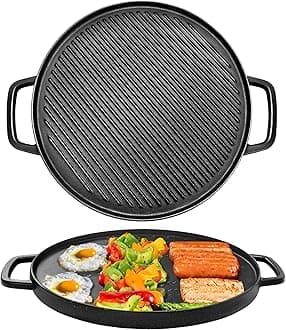 Reversible Cast Iron Griddle, Double-sided Griddle Pan for Stove Tops, Gas Grills and Outdoor Cooking, 14 inch Grill Griddle with Baking Flat and Ribbed