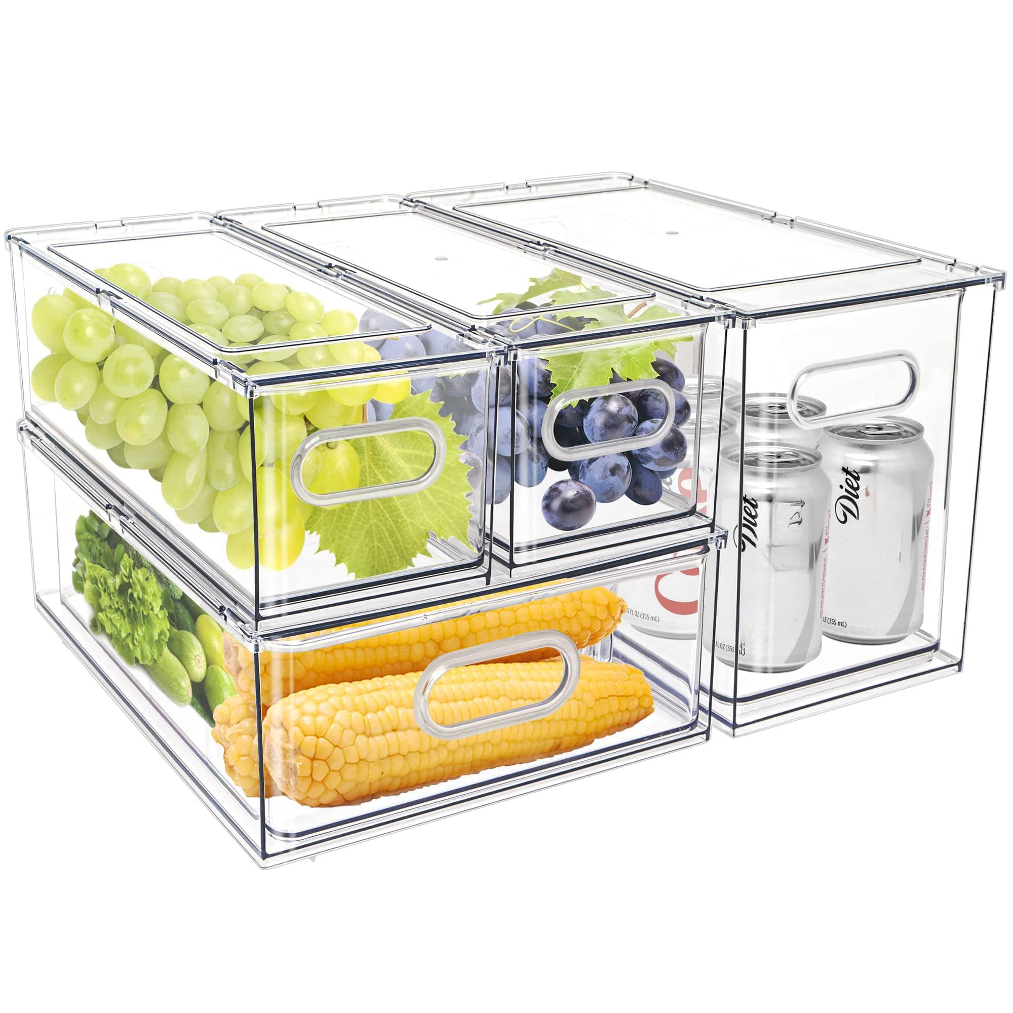 Fridge Drawer Pull Out Stackable Bins with Handle Clear Refrigerator Drawers Organizer Food Storage Container Box with Dividers Plastic Produce Saver for Pantry, Cabinet, Kitchen, Clothes(4Pack)