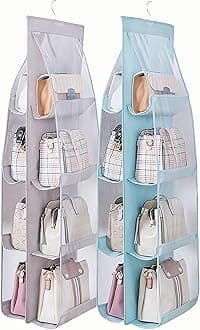 AARAINBOW 2 Packs Hanging Handbag Purse Organizer, Hand Bag Organizer Holder for Closet Purse Holders, 8 Easy Access Pockets Wardrobe Organizer, 41L x 13.5W (B Gray Blue)