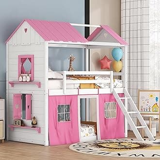 Twin over twin house bunk bed with Tent for kids, Teens, Adults, Solid wood house shaped bunk bed with Elegant Windows, Sills and Roof, Playhouse Loft Bed Frame with Play Area (Pink White)