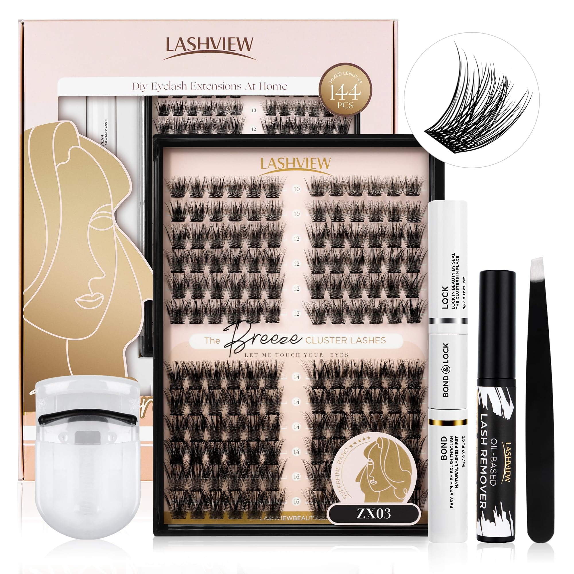 LASHVIEWDIY Eyelash Extensions Kit,144 Pcs Lash Clusters, Eyelash Clusters Golden Tweezer, Cluster Lashes Bond and Seal Waterproof for DIY Lash Extensions (ZX3-D-mix)
