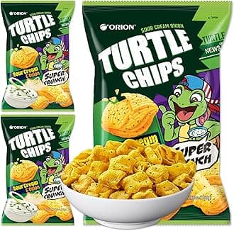 K-Munchies Orion Turtle Chips – Large 3 x 160-gram Sour Cream and Onion Flavor Korean Chips – Big Bag, Party Size Tasty, Crispy Korean Corn Snacks - Bite-Sized, On-The-Go Korean Corn Snack for Family