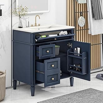 Linique 30" Bathroom Vanity with Sink Combo Set, Solid Wood Frame Modern Bathroom Storage Cabinet with 2 Drawers and a Tip-Out Drawer, Soft Closing Cabinet Door with Organizer, Blue