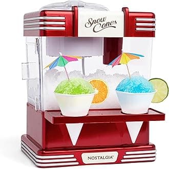 Snow Cone Shaved Ice Machine - Retro Table-Top Slushie Machine Makes 20 Icy Treats - Includes 2 Reusable Plastic Cups & Ice Scoop - Retro Red