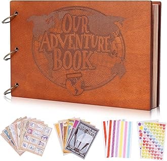 Our Adventure Book 3D Wooden Scrapbook Photo Album, Retro Travelling Journal Memory Book For Anniversary,For Vintage Guestbook DIY Wedding Gift,60 Pages+ 19 Scrapbook Sticker,Valentine's Day Gifts