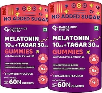Carbamide Forte Melatonin 10mg Gummies - with TAGARA, L Tryptophan & Vitamin B6 | Sleep Aid Supplement 60 Veg Gummies (Pack of 2), 2 count, 60 Servings